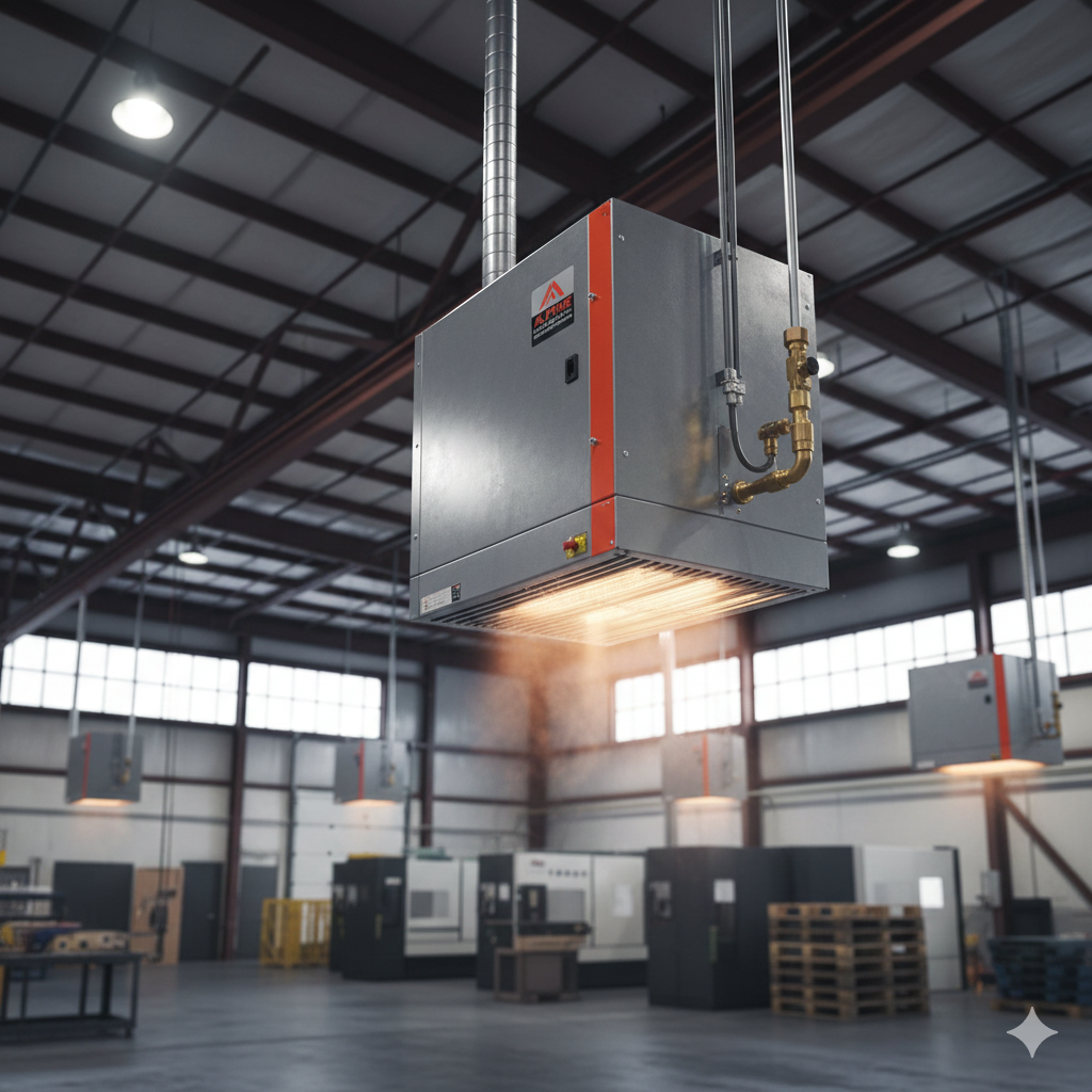 Commercial Unit Heater Installation - Alpine Refrigeration Commercial gas unit heater installed in warehouse ceiling Chilliwack Fraser Valley Alpine Refrigeration