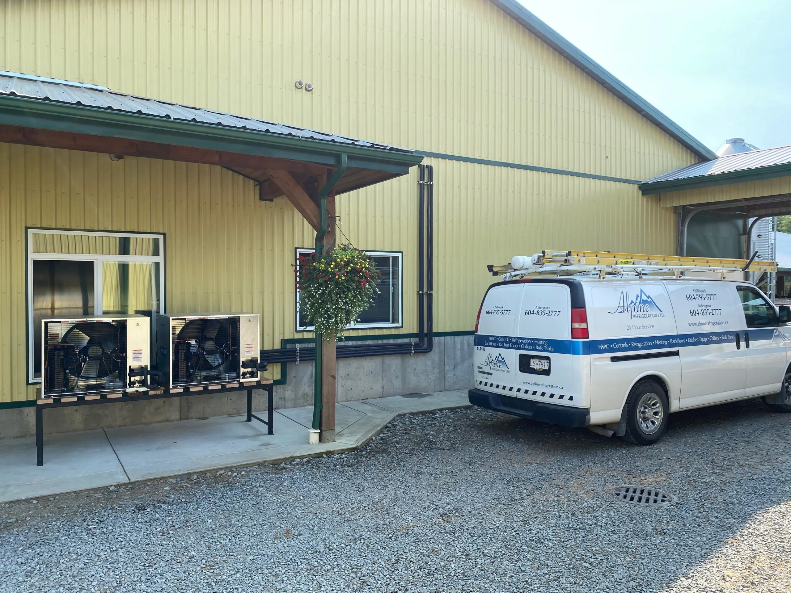 Alpine Refrigeration service van at poultry farm with condensing units Fraser Valley