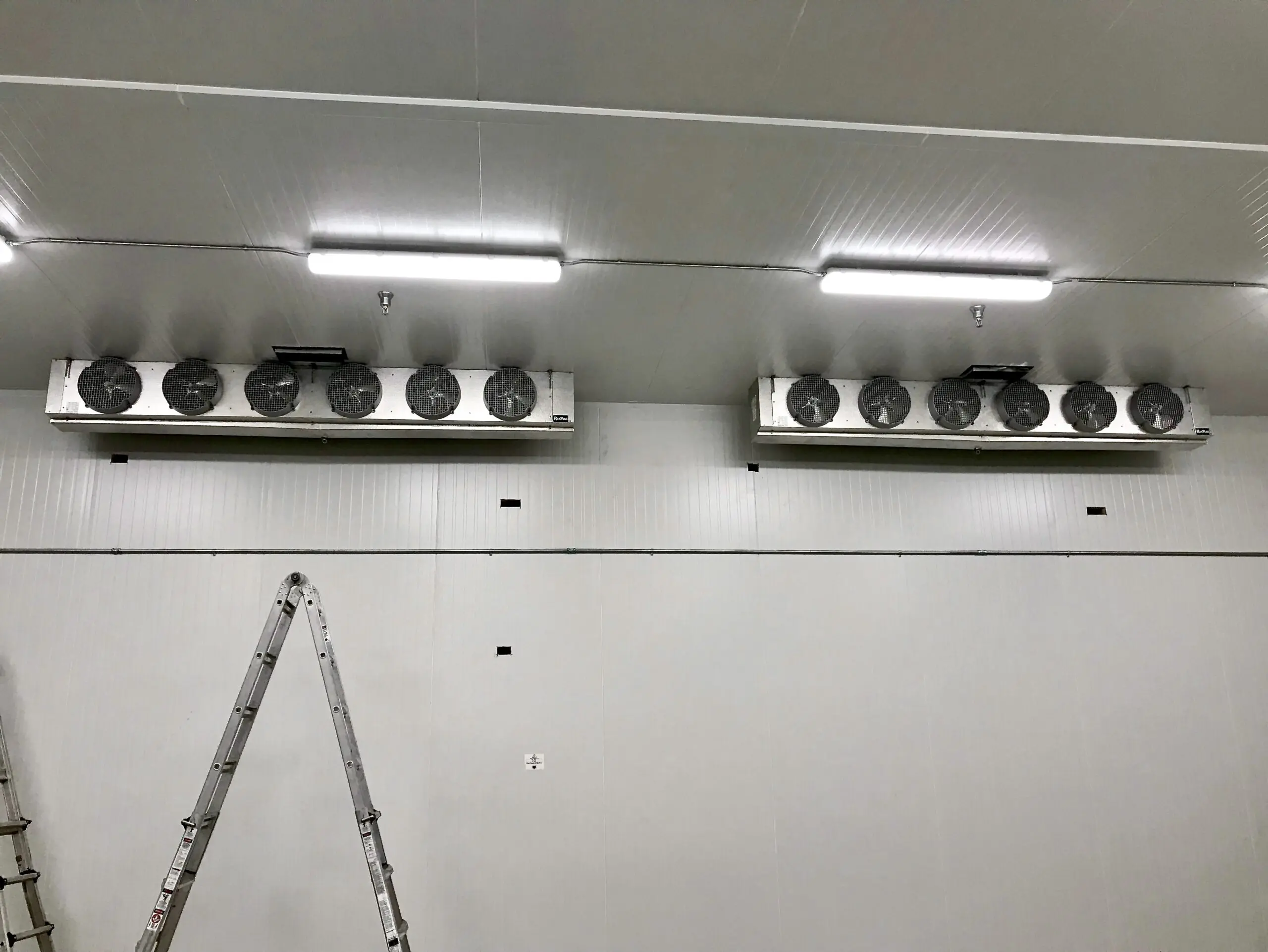Cold storage ceiling-mounted refrigeration fan units installed by Alpine Refrigeration Chilliwack BC