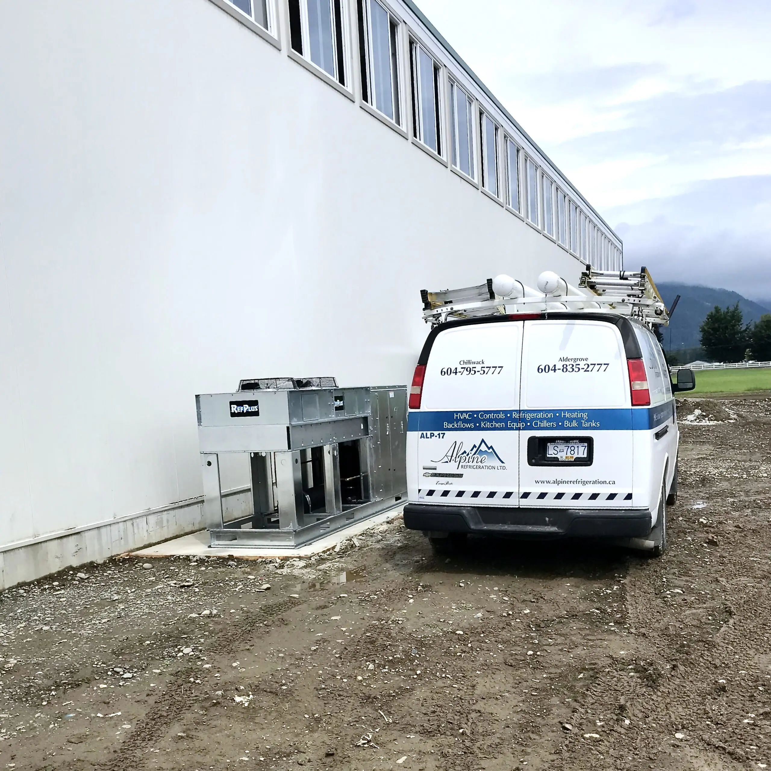 Alpine Refrigeration service van at horticulture facility installation site Chilliwack BC