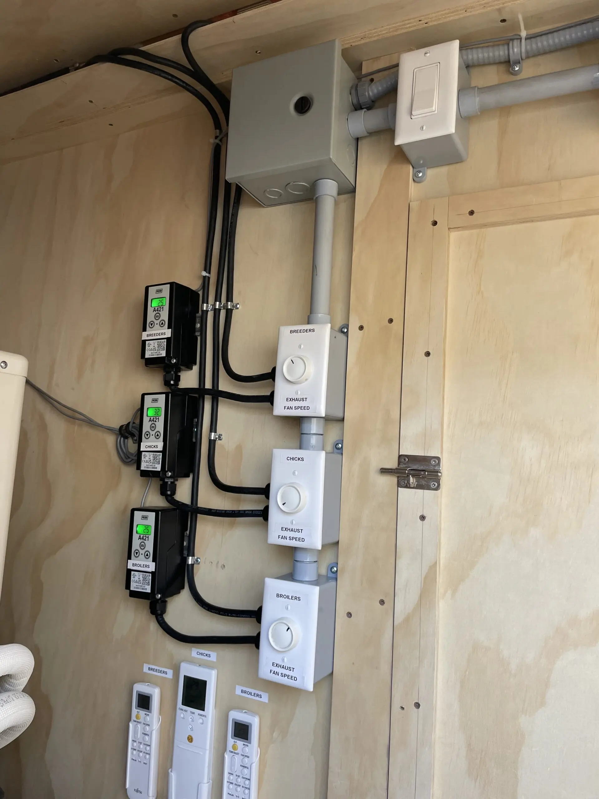 Poultry barn temperature control panel with exhaust fan speed controllers