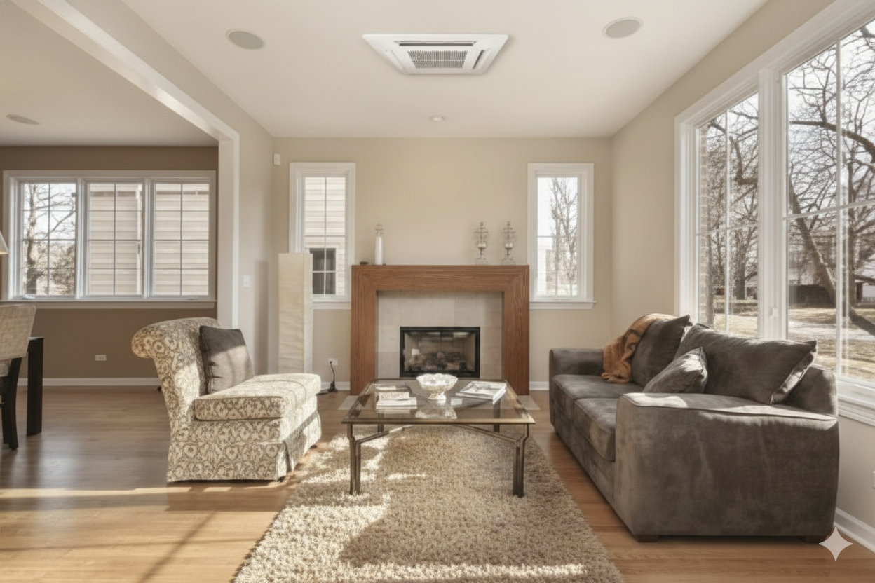 Living room with ductless split HVAC system installed Chilliwack Fraser Valley Alpine Refrigeration