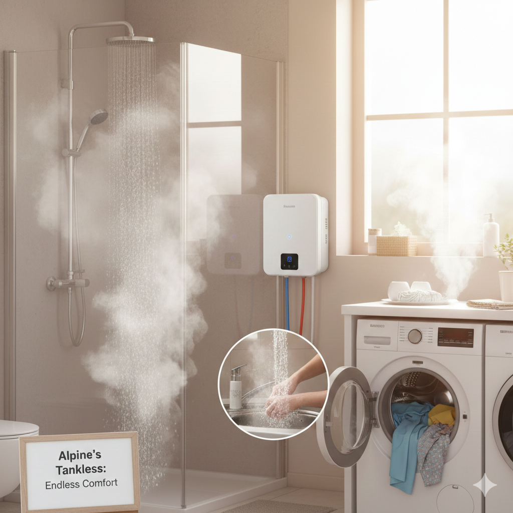 Tankless instant hot water system providing endless comfort shower and laundry Chilliwack Abbotsford Alpine Refrigeration
