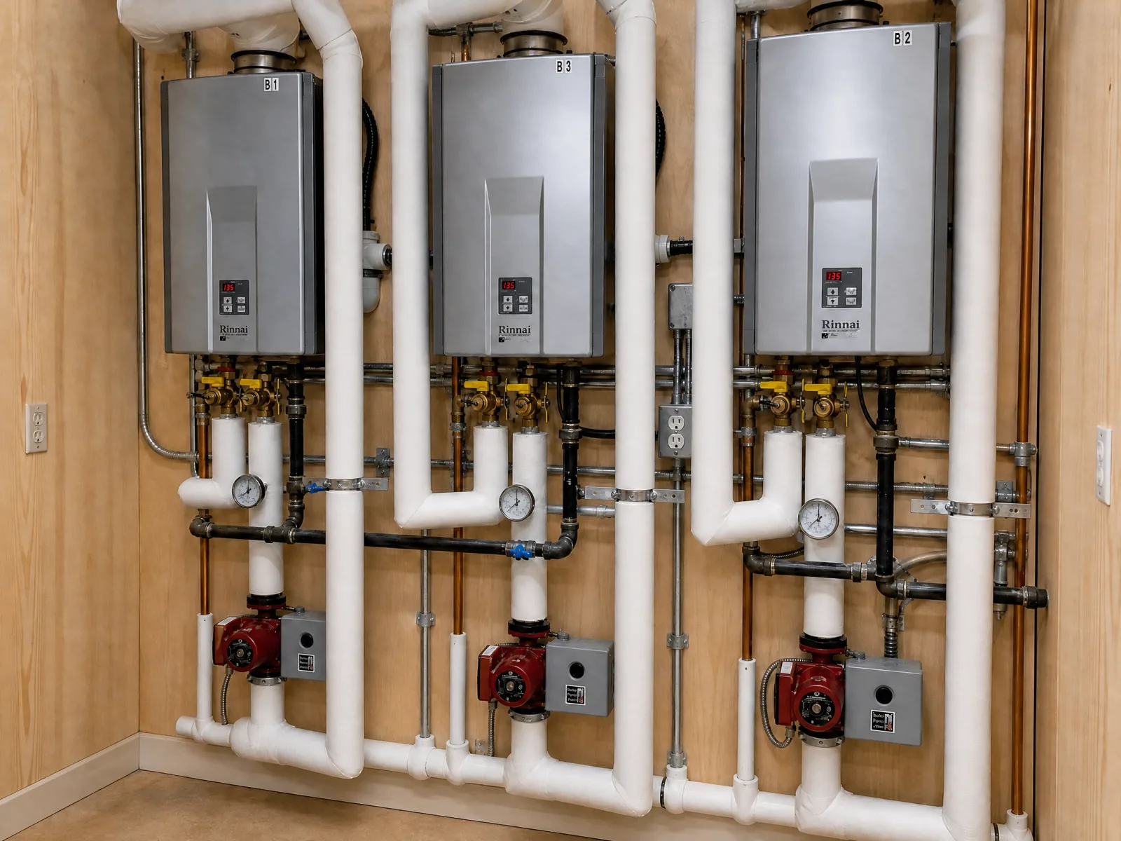 Three-unit Rinnai condensing boiler cascade with circulators and gauges in a Fraser Valley mechanical room