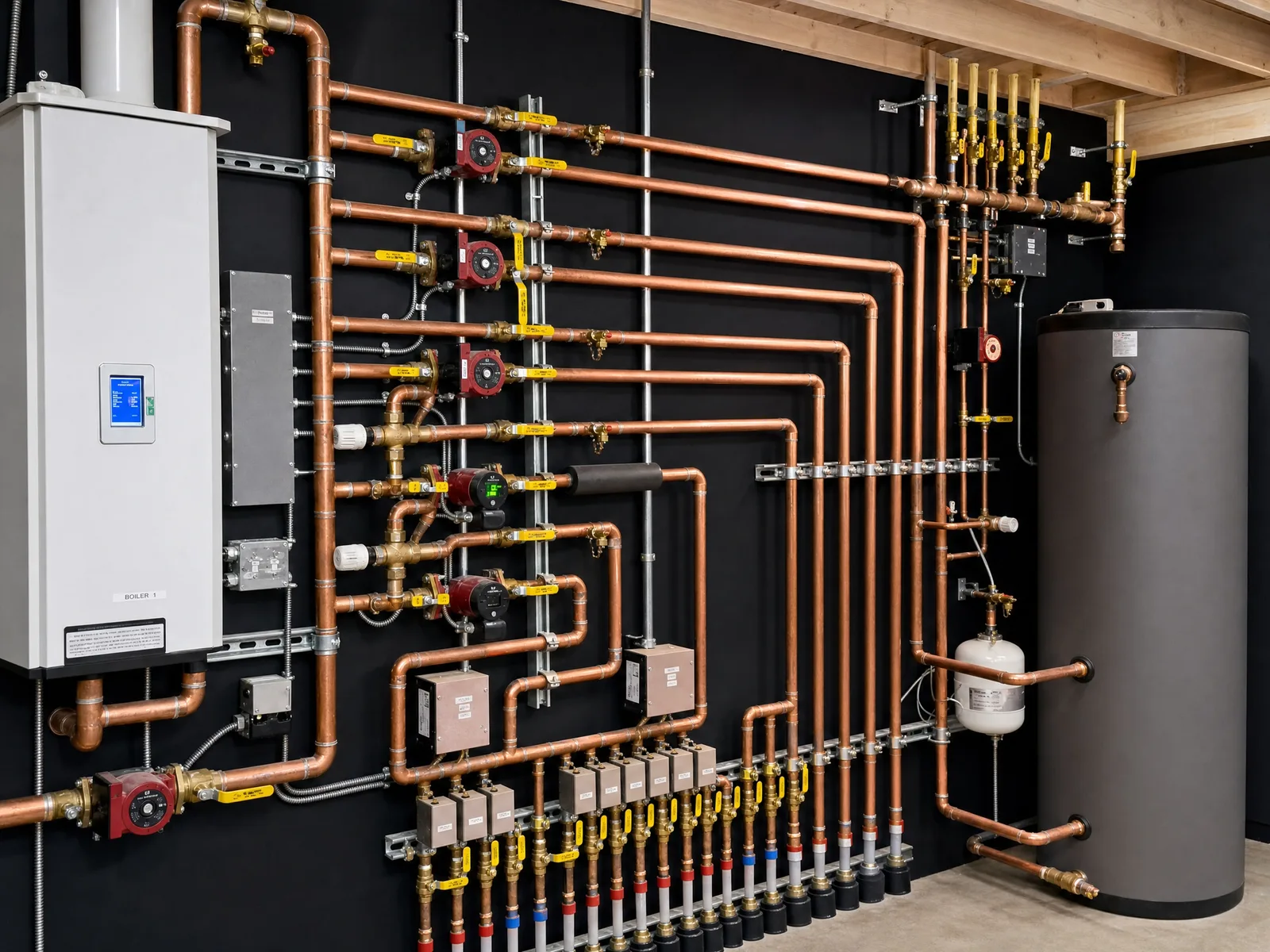 Wall-mounted commercial boiler with copper primary-secondary piping, zone circulators, manifolds, and indirect DHW tank in a clean mechanical room