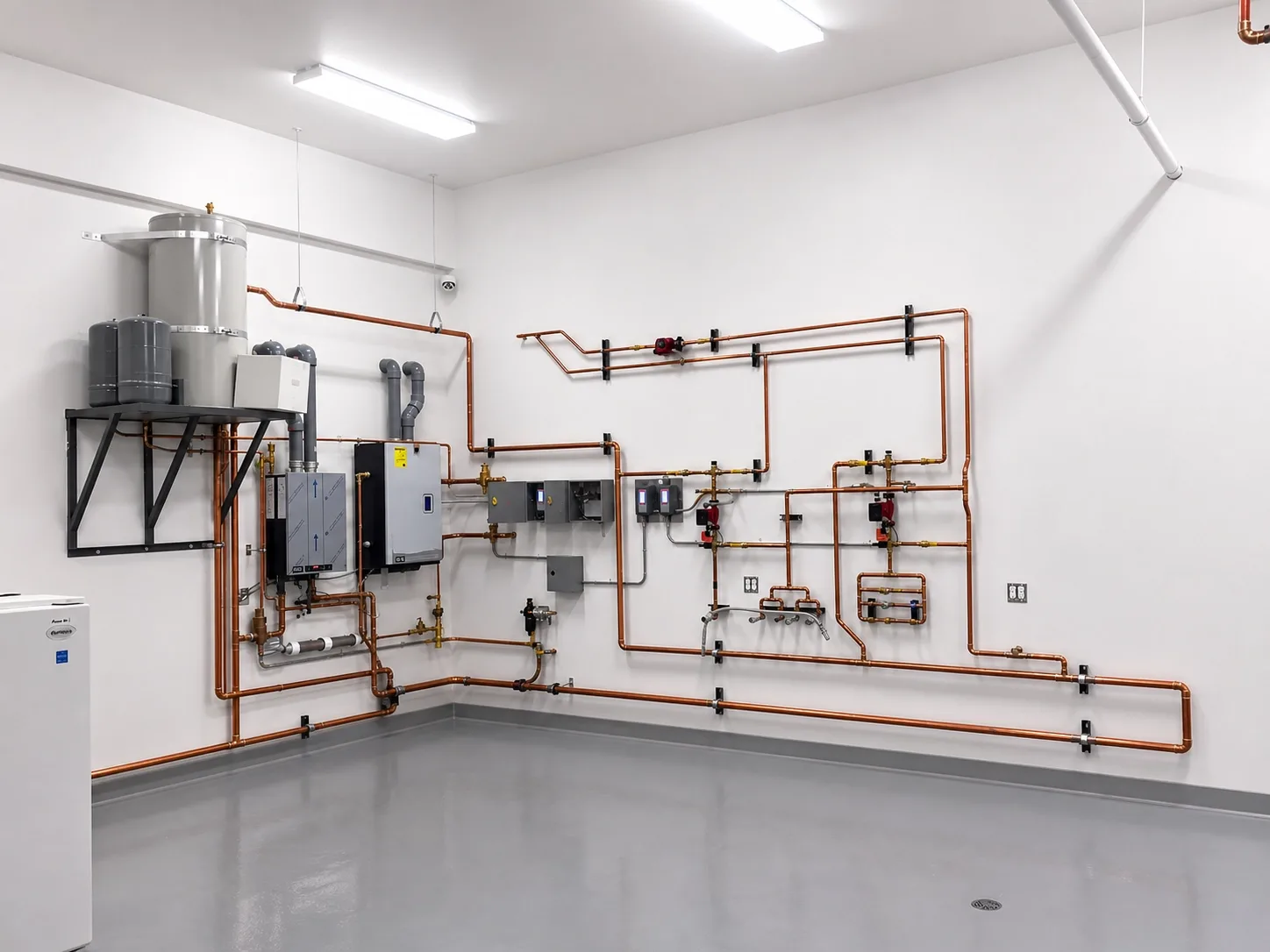 Custom commercial boiler system design and install - copper hydronic distribution in a Fraser Valley mechanical room