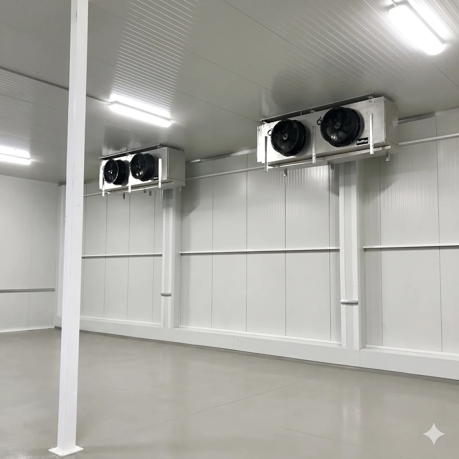 Walk-in cold storage room with dual RefPlus ceiling-mounted evaporator units