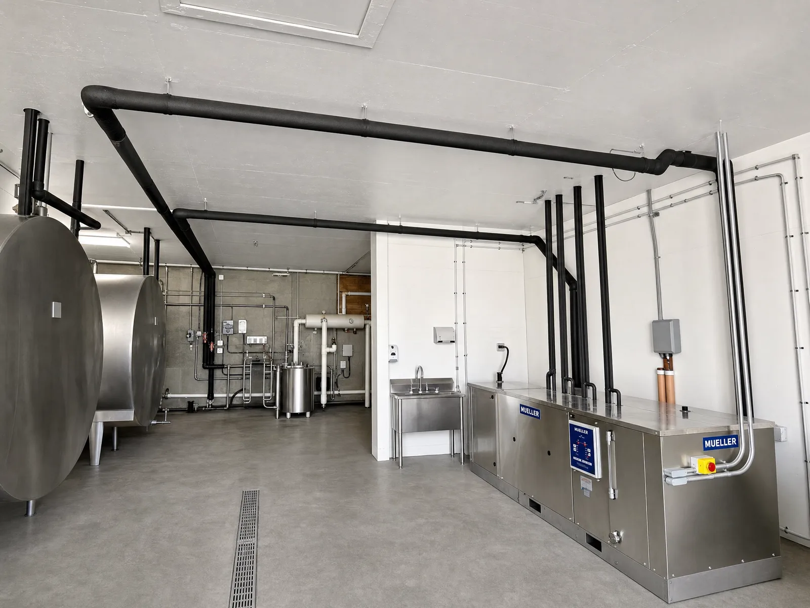 Mueller bulk tanks, insulated refrigerant lines, and chiller unit in a Fraser Valley dairy mechanical room