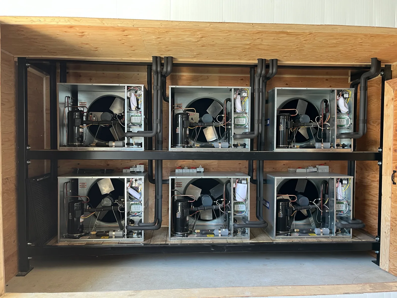 Six-unit custom dairy chiller bank installed by Alpine Refrigeration at Gracemar Farms in Chilliwack
