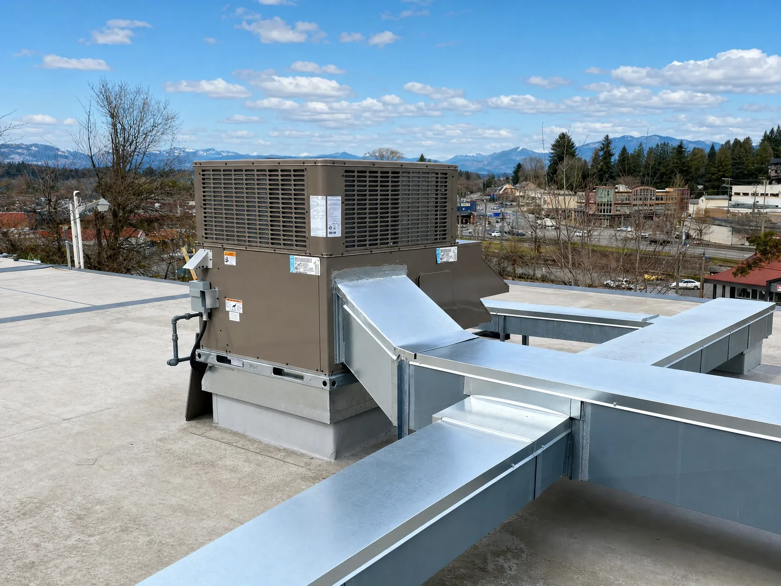 Rooftop packaged make-up air unit with galvanized supply ductwork at a Fraser Valley commercial building