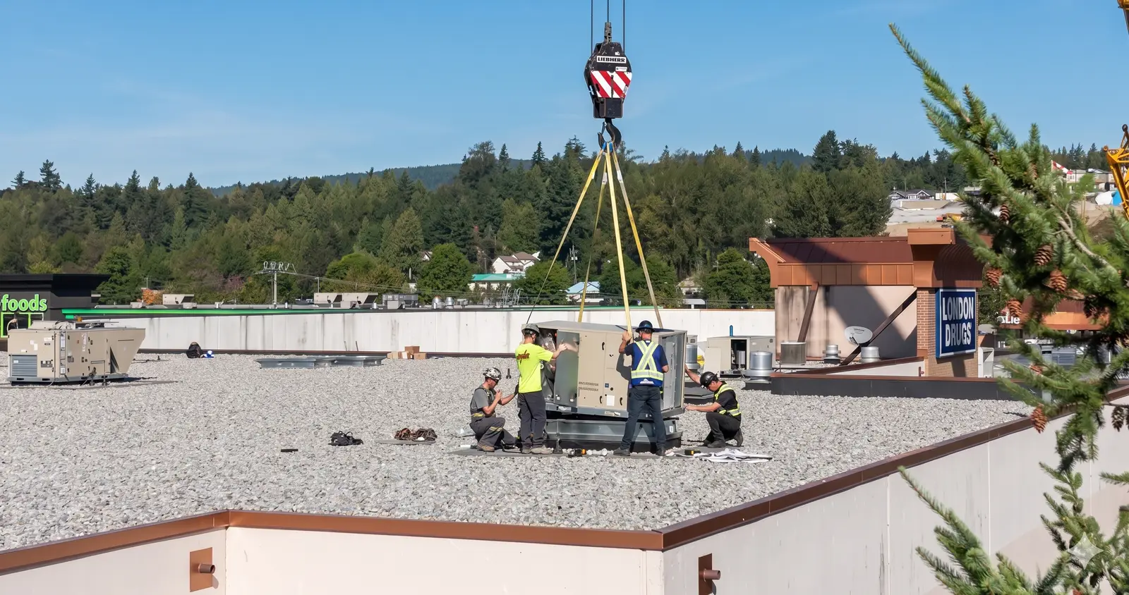 Crane lowering a dual-fuel rooftop unit onto the London Drugs building in Mission, BC, as the Alpine Refrigeration crew guides it into place