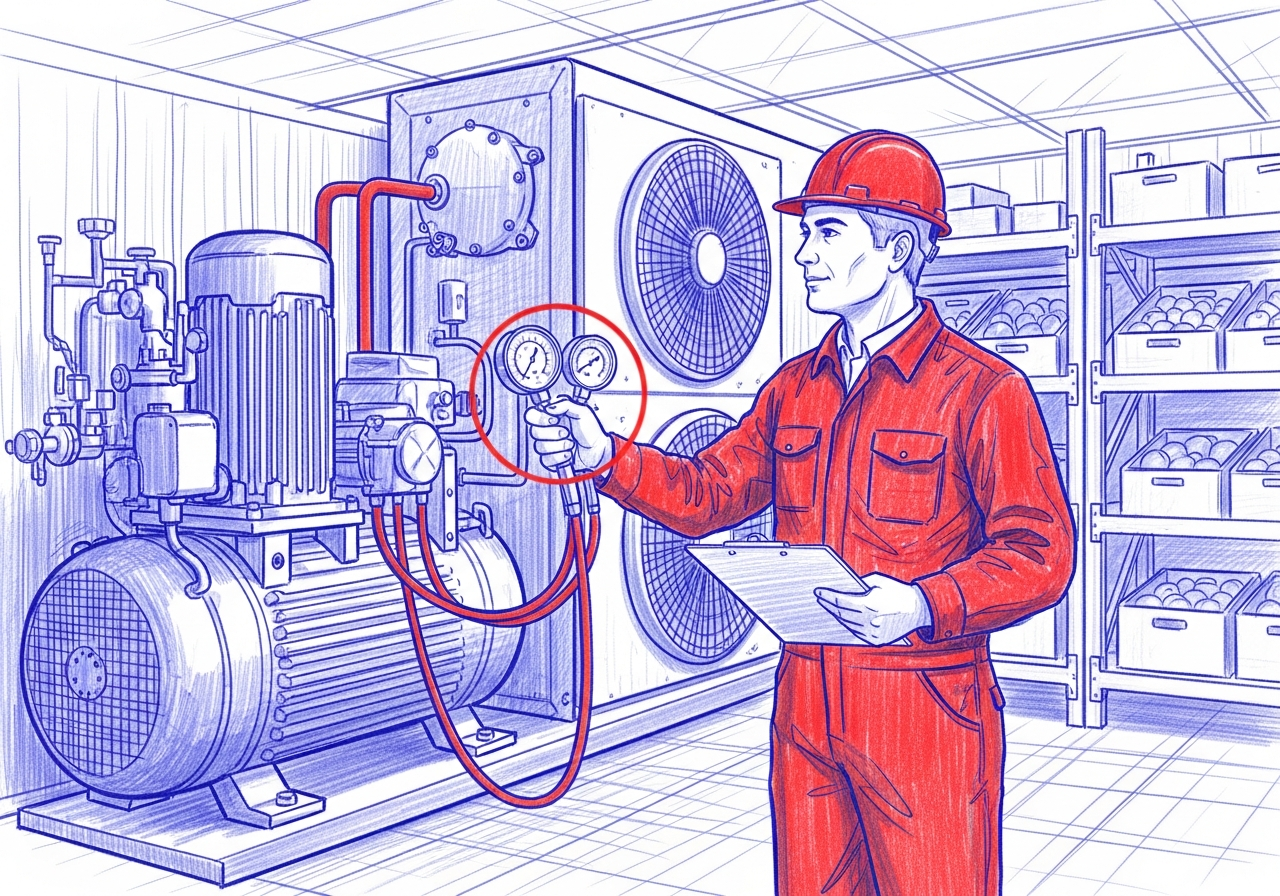 Agricultural refrigeration technician inspecting a compressor and evaporator unit in a farm cold storage facility