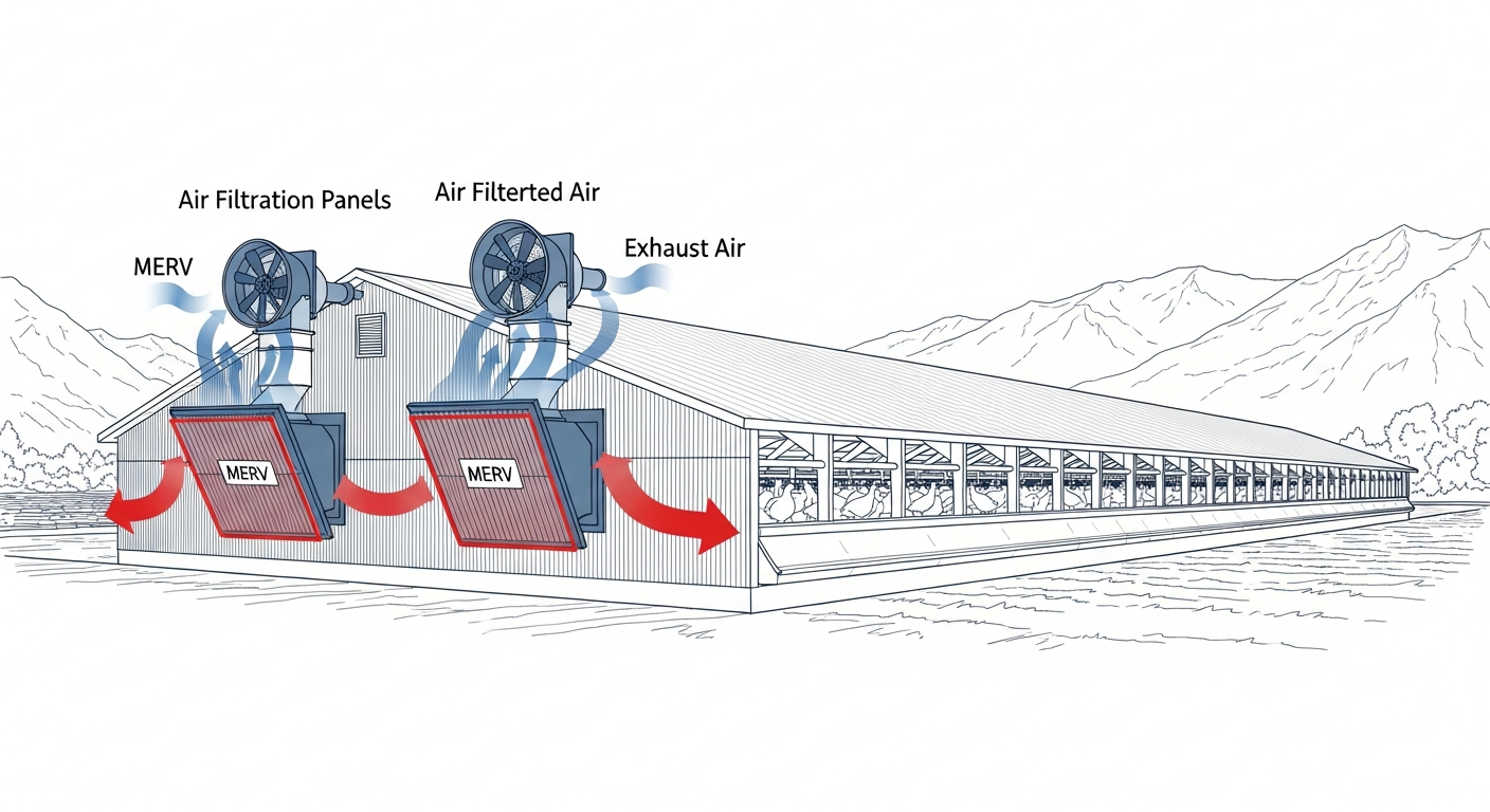 Commercial poultry barn with MERV air filtration panels and ventilation fans showing biosecurity airflow management in Fraser Valley BC — Alpine Refrigeration agricultural HVAC
