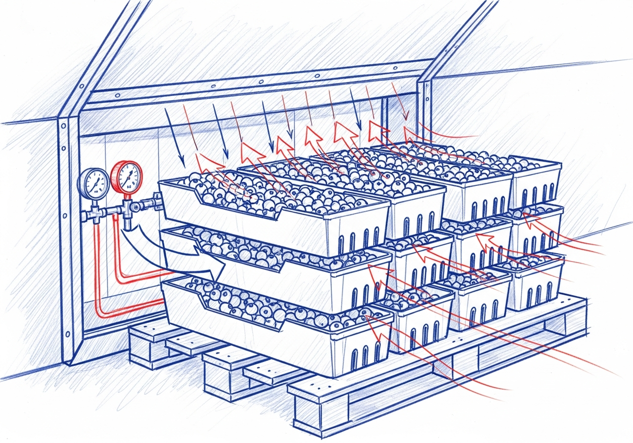 Blueberry flats in a forced-air cooling tunnel showing airflow through corrugated packaging