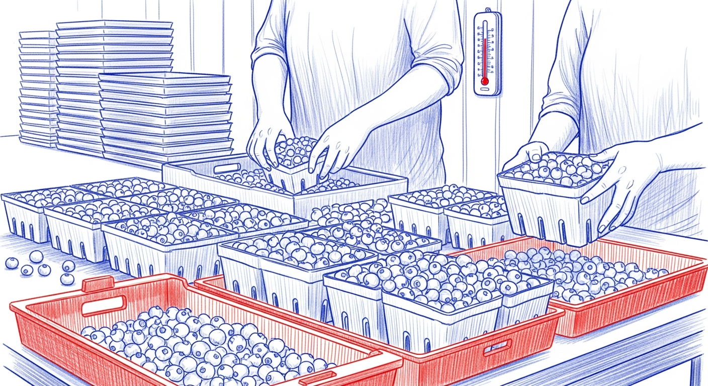 Blueberry packing at harvest time in a Fraser Valley packing shed, showing field heat urgency