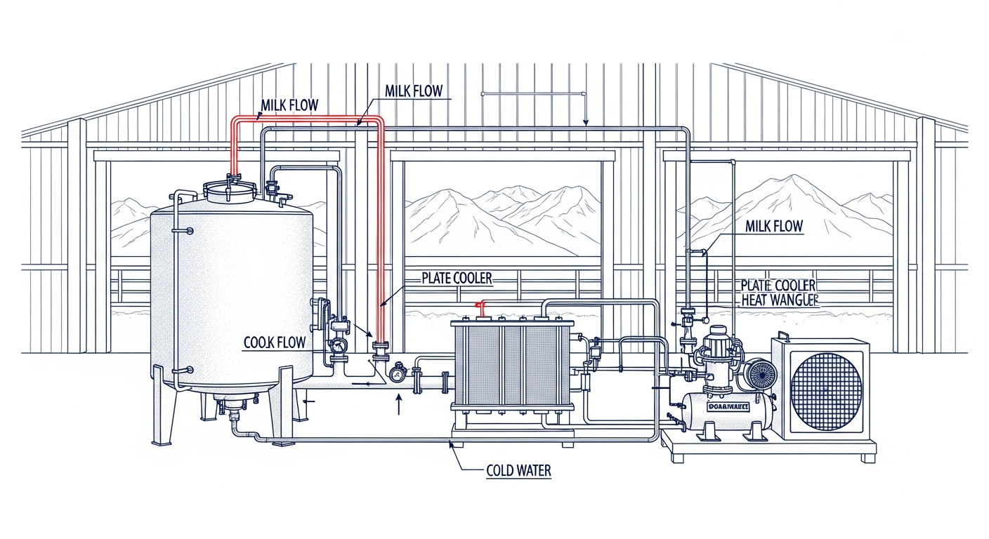 Dairy barn interior showing bulk milk cooling tank connected to plate cooler heat exchanger and refrigeration compressor unit with milk flow pipes and Fraser Valley mountains in background