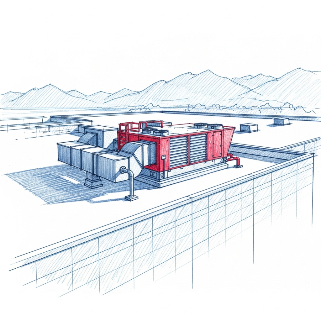 Fraser Valley commercial industrial building with a large dual fuel rooftop HVAC unit, illustrated in colored pencil sketch style
