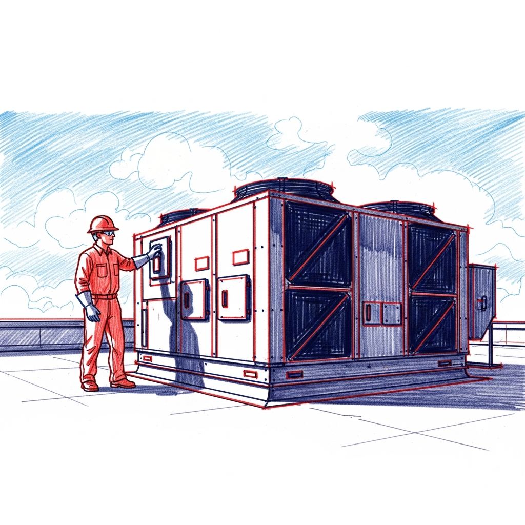 HVAC technician inspecting a commercial dual fuel rooftop unit on a Fraser Valley building, illustrating FortisBC dual fuel RTU rebate installation work