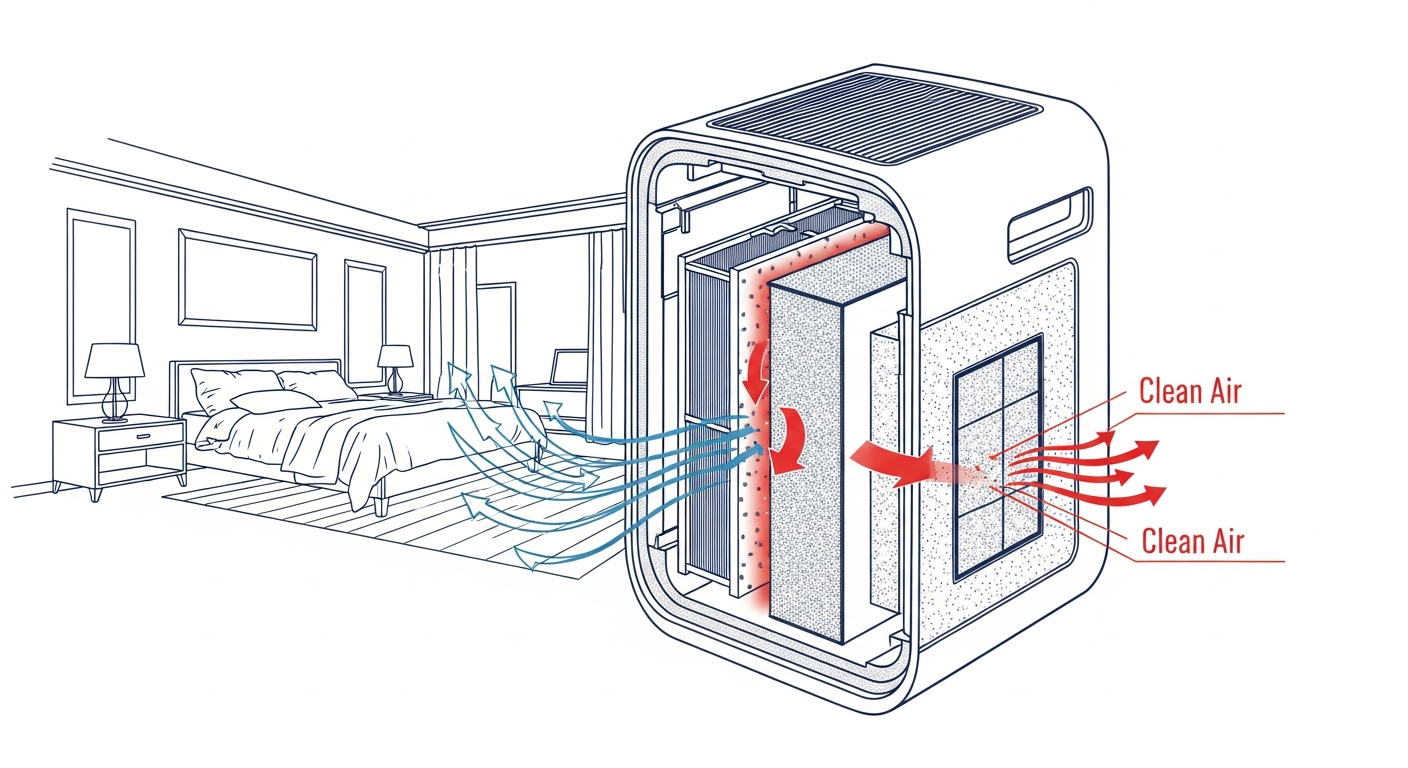 Portable HEPA air purifier running in a bedroom to filter wildfire smoke particulate during Fraser Valley smoke events near Chilliwack and Abbotsford