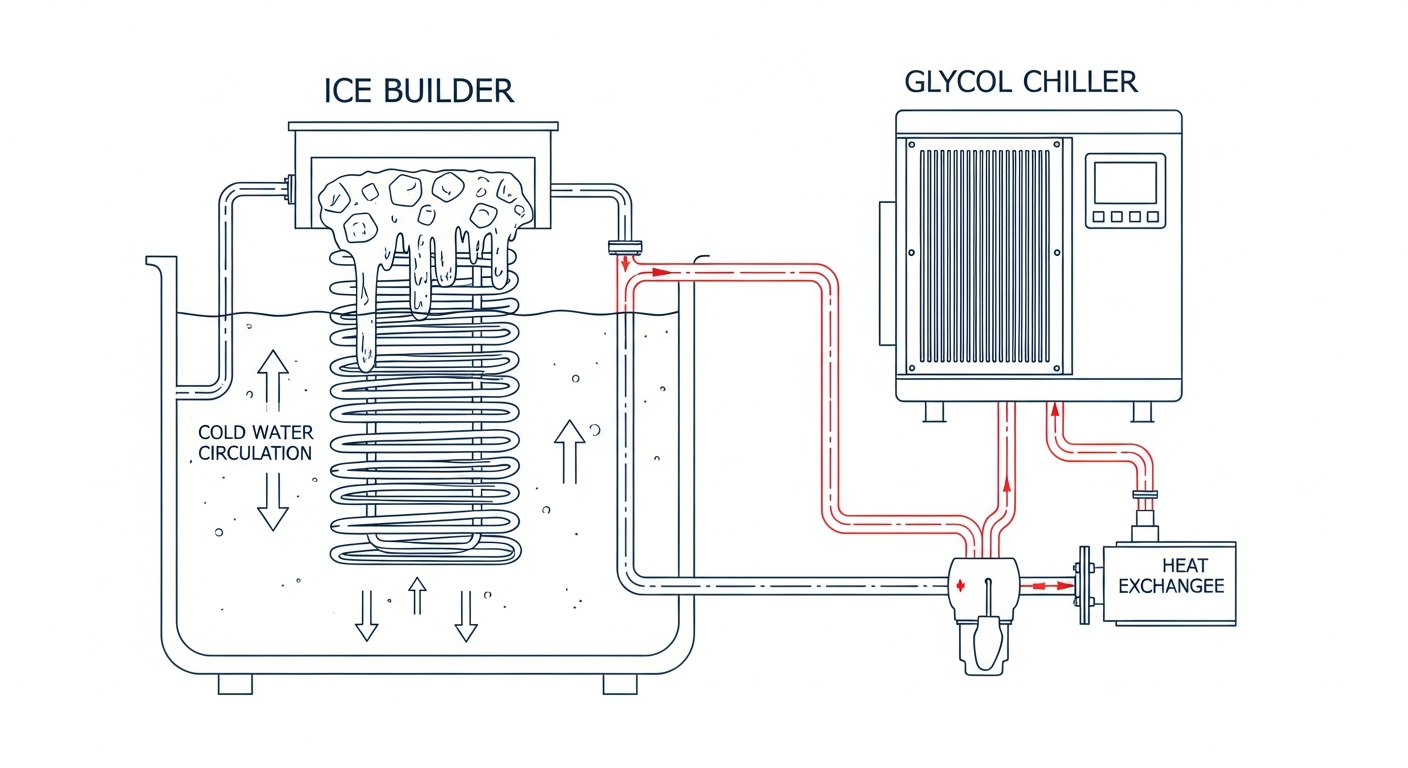 Ice bank ice builder and glycol chiller dairy milk cooling systems comparison diagram showing refrigeration coils cold water circulation and glycol loop heat exchanger Fraser Valley BC