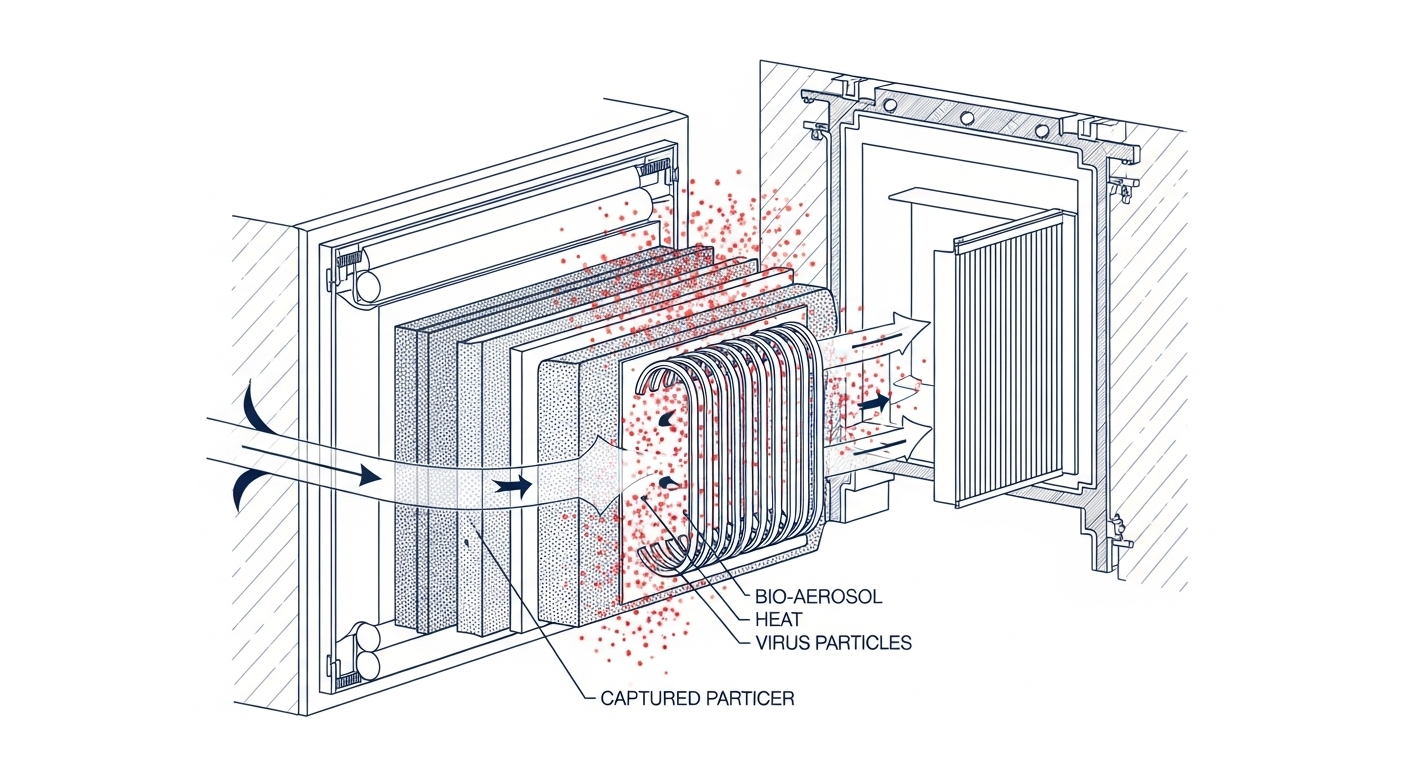 MERV 16 filter with heat exchanger cross-section showing bio-aerosol and virus particle capture for poultry barn biosecurity ventilation in Chilliwack and Abbotsford Fraser Valley BC