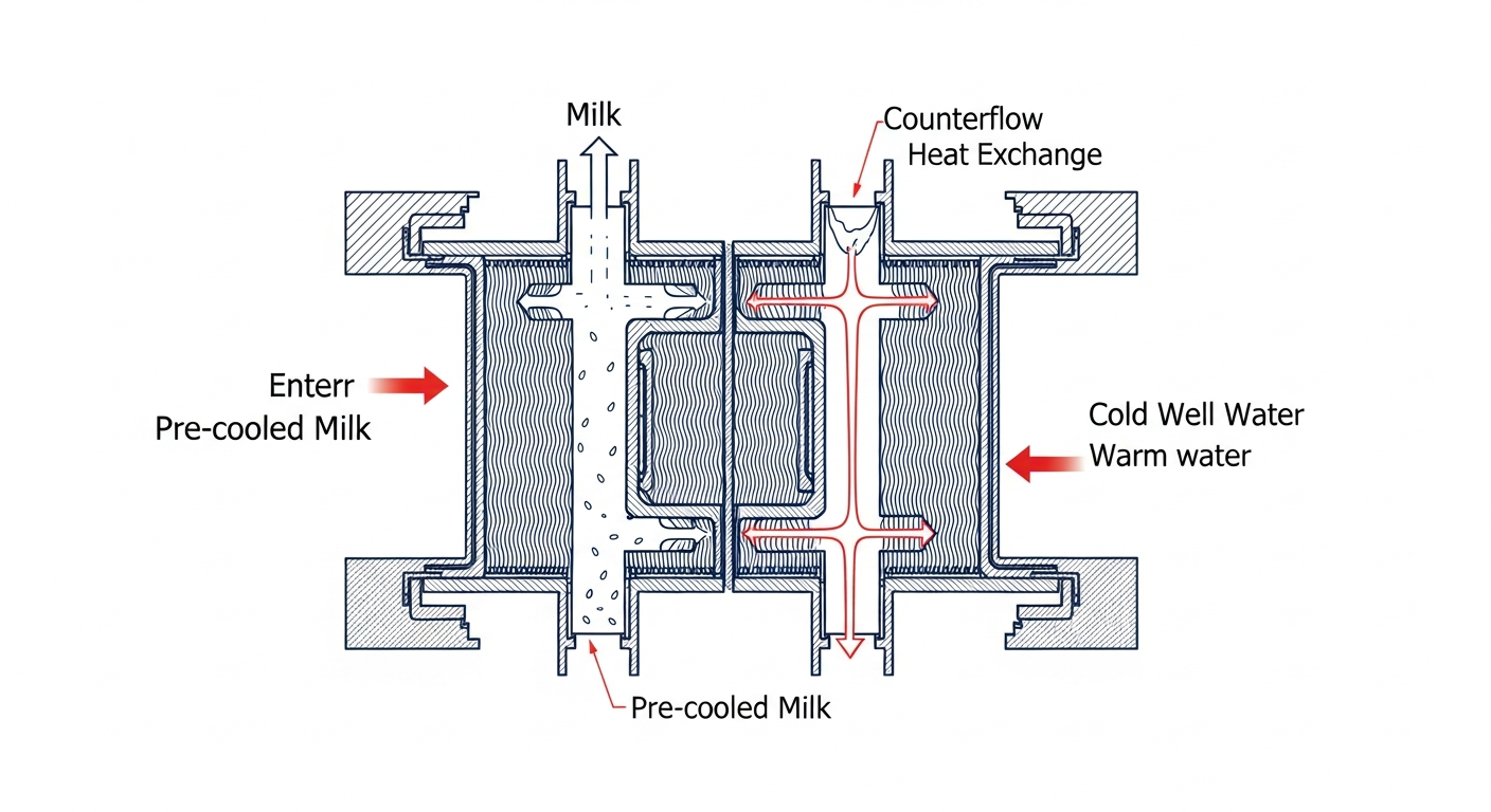Plate cooler heat exchanger cross-section showing counterflow milk and cold well water channels for dairy milk precooling in Fraser Valley BC