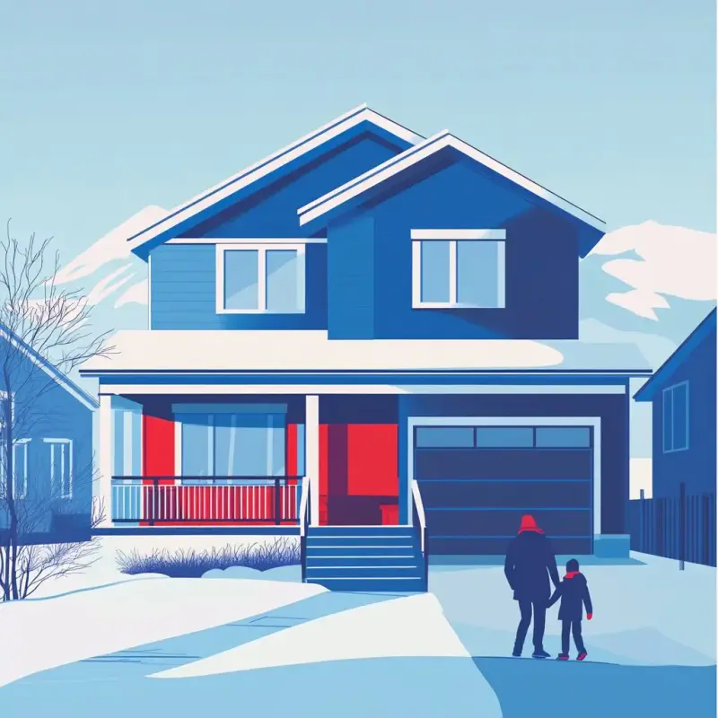 Illustration of suburban two-story home with Alpine heating system in winter Fraser Valley