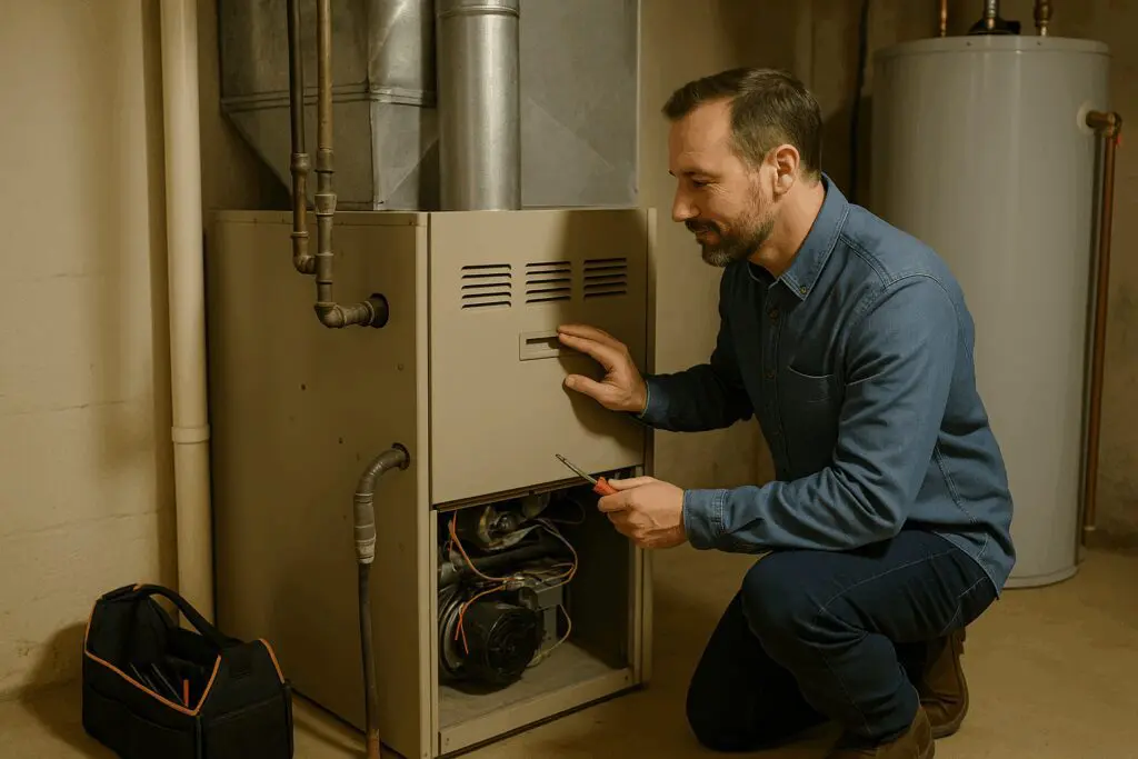 Technician servicing residential furnace system Alpine Refrigeration Chilliwack Abbotsford