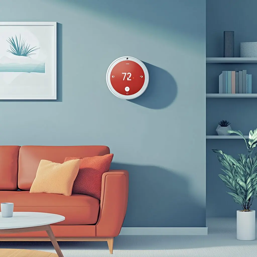 Living room with thermostat icon representing Alpine smart home HVAC Chilliwack Abbotsford