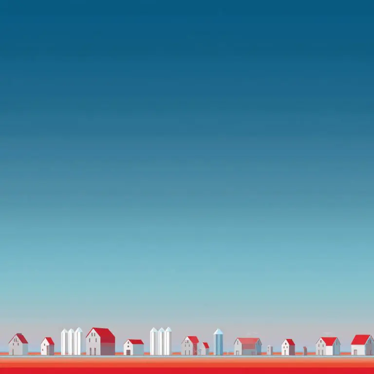 Stylized illustration of agricultural buildings for Alpine energy efficiency projects Fraser Valley