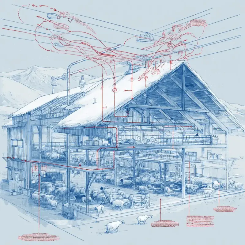 Technical illustration of winter livestock barn cross-section showing airflow Alpine Refrigeration