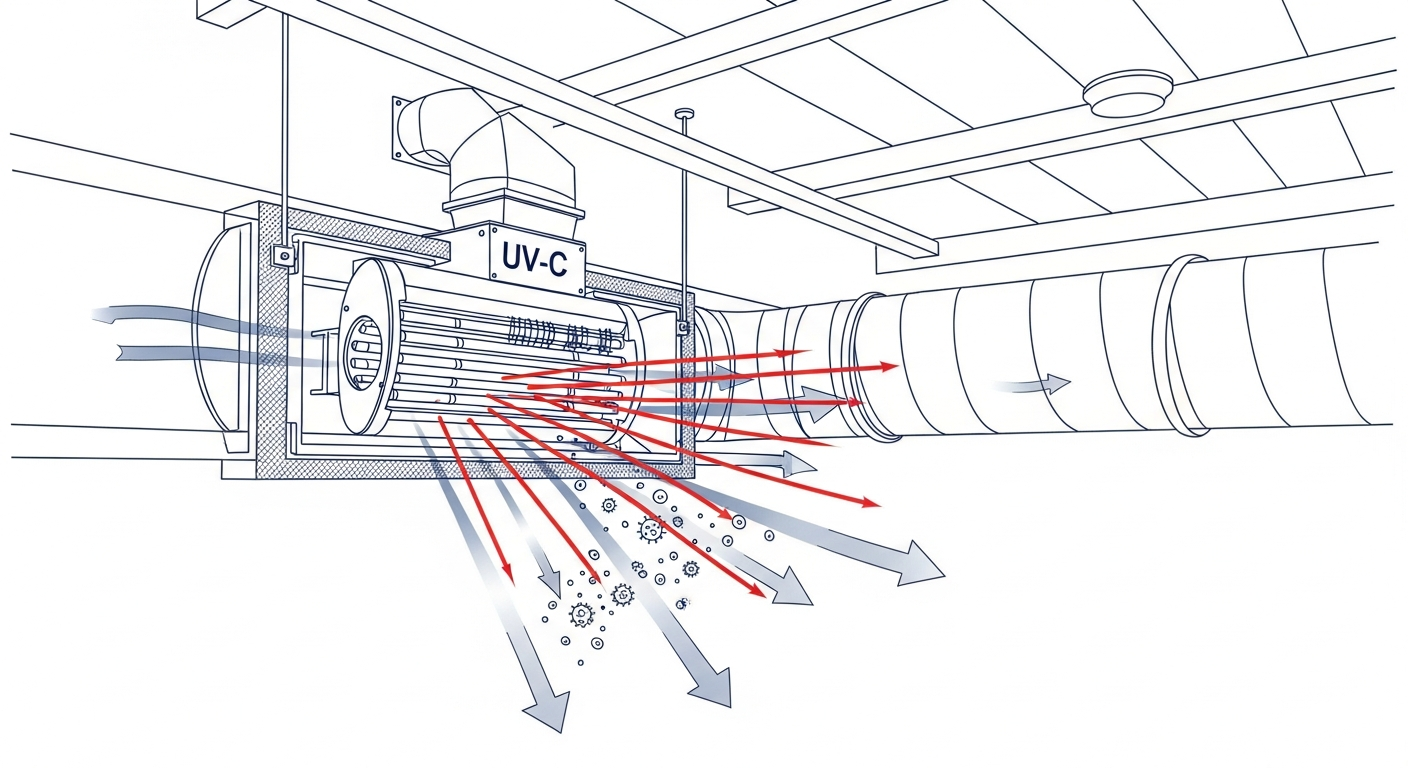 UV-C ultraviolet disinfection system installed in poultry barn ductwork showing pathogen inactivation and airflow through treatment zone Fraser Valley BC