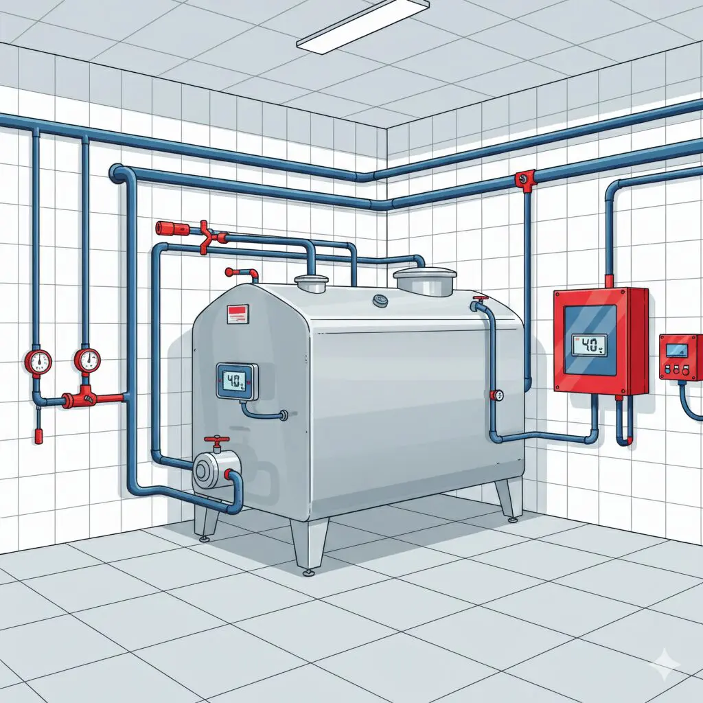 Illustrated bulk milk cooling tank in a dairy farm milk house with digital temperature control and refrigeration piping system