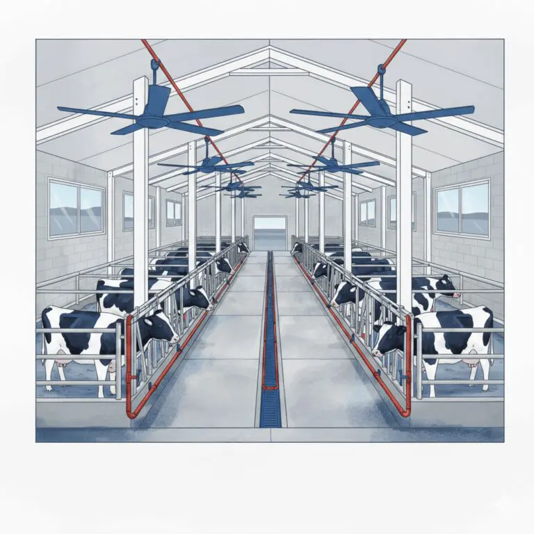 Illustrated dairy barn with cows in freestalls and overhead ventilation fans for barn cooling and air circulation