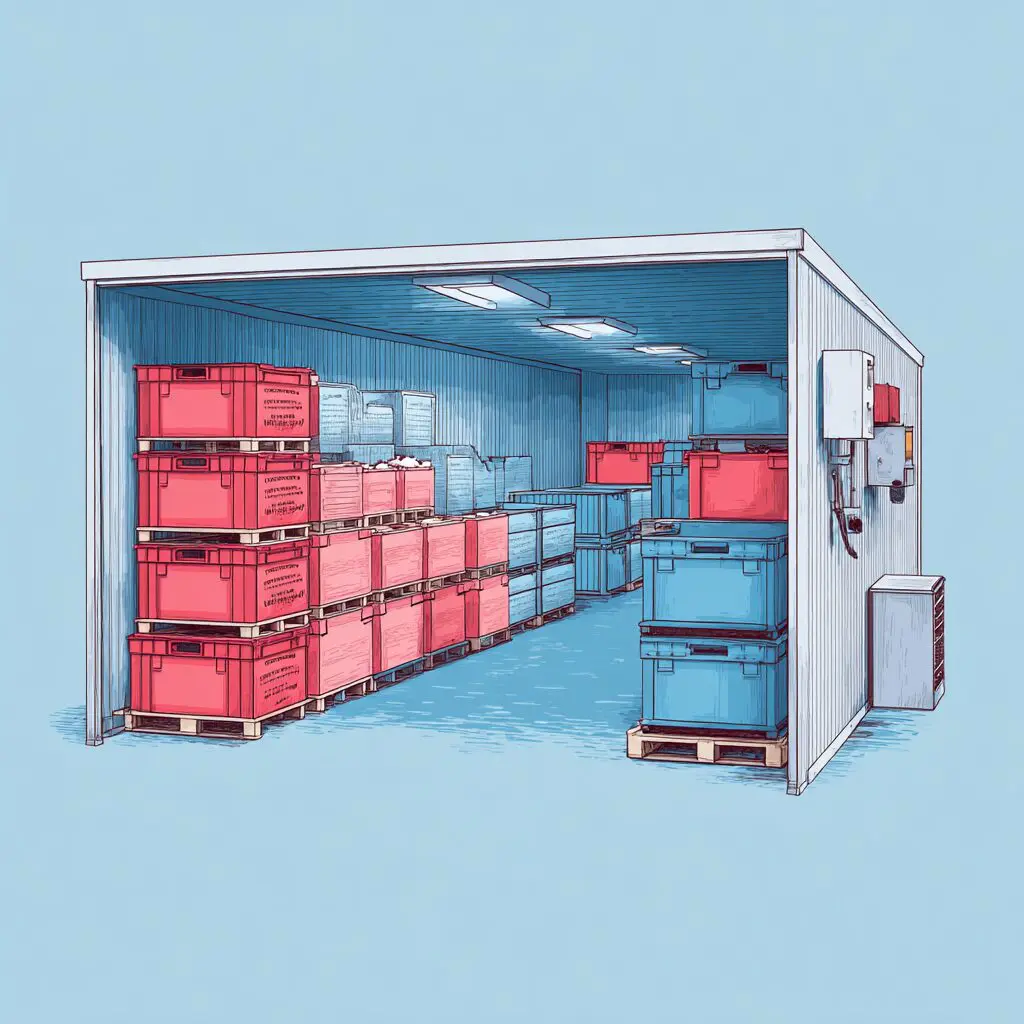 Detailed illustration of a walk-in cold storage room with stacked red and blue insulated crates on pallets, showing organized poultry product storage under controlled refrigeration conditions