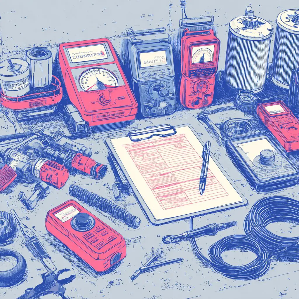 Essential HVAC and refrigeration maintenance tools on a workshop bench, including digital multimeters, infrared thermometers, gauge sets, and a maintenance checklist clipboard used in agricultural service settings