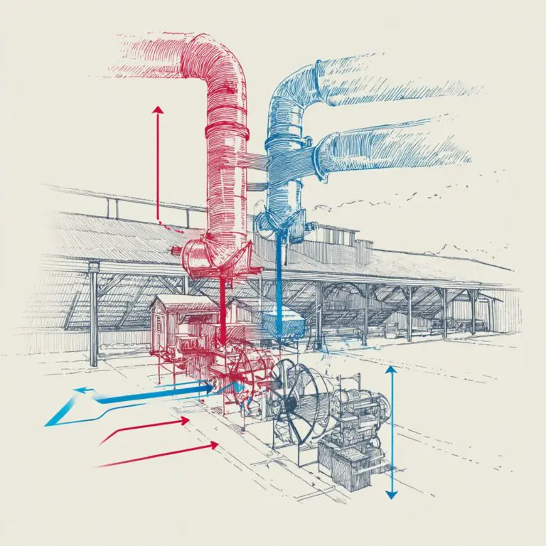 Illustration of an Energy Recovery Ventilator (ERV) system in a winter barn, showing red and blue airflow arrows as warm exhaust air pre-heats incoming cold fresh air through ductwork.