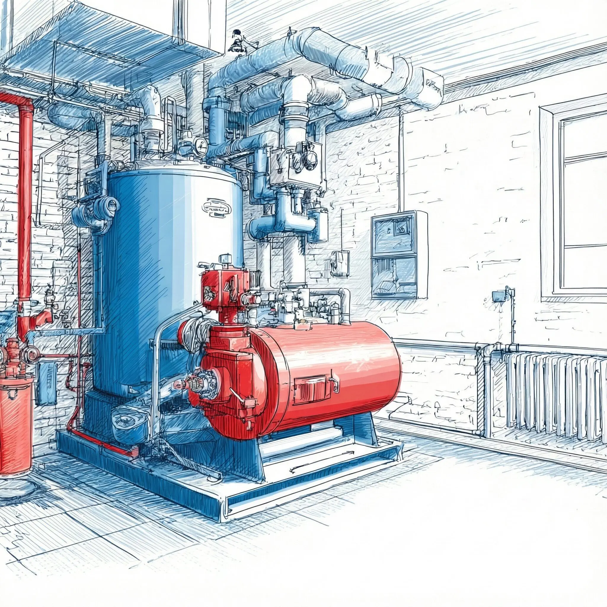 commercial boiler room featuring a high-efficiency gas boiler, red burner assembly, insulated piping, and control systems. The environment is clean and industrial, with visible safety components and a winter-ready setup