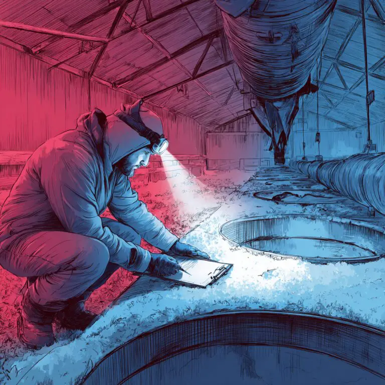 Illustration of a farm technician inspecting a poultry barn’s winter ventilation system. The technician, dressed in full cold-weather gear with a headlamp, is crouched beside a vent while recording notes on a clipboard.