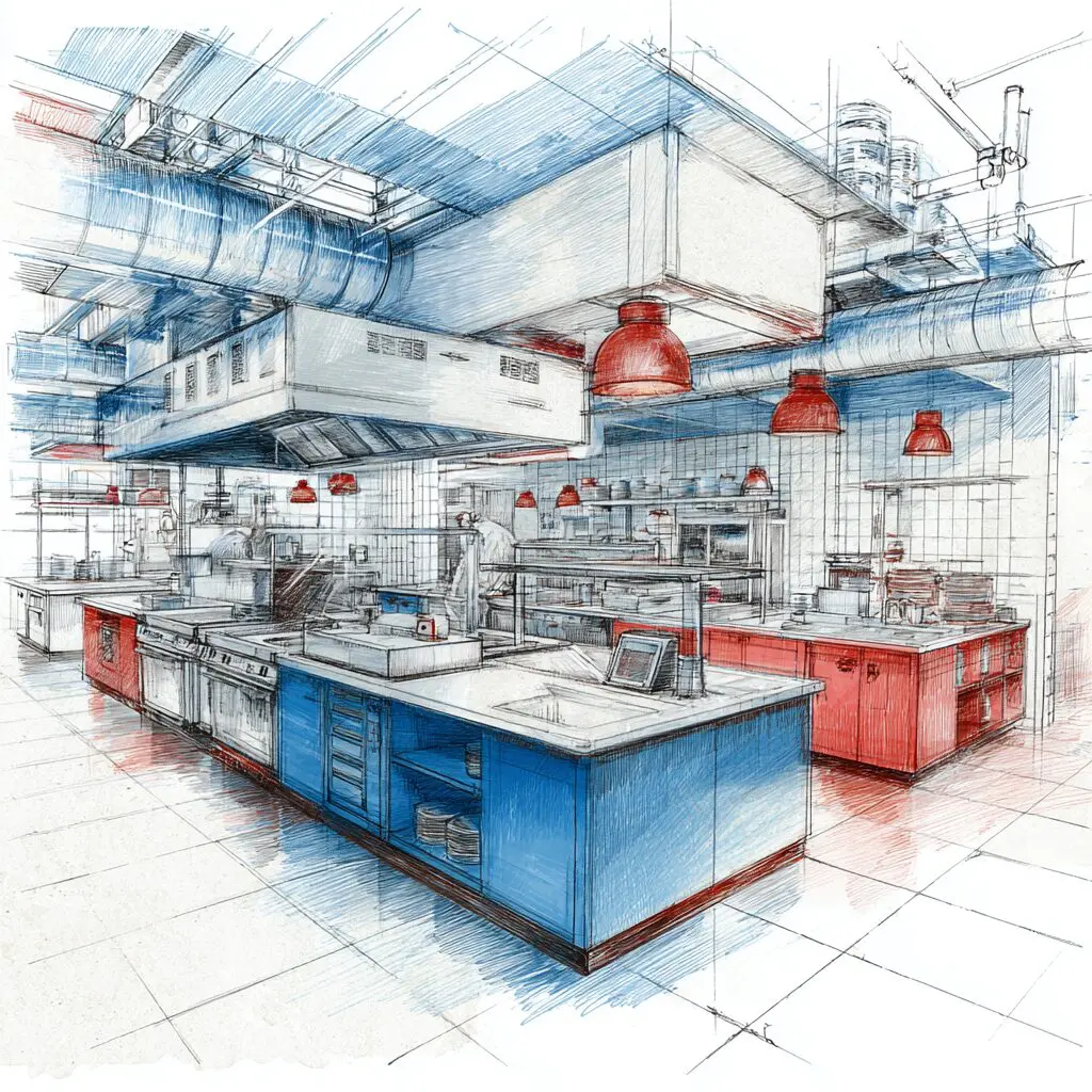 Interior view of a commercial kitchen with visible ventilation systems and overhead ducting, showing balanced airflow and exhaust hood integration in hand-drawn vector illustration.