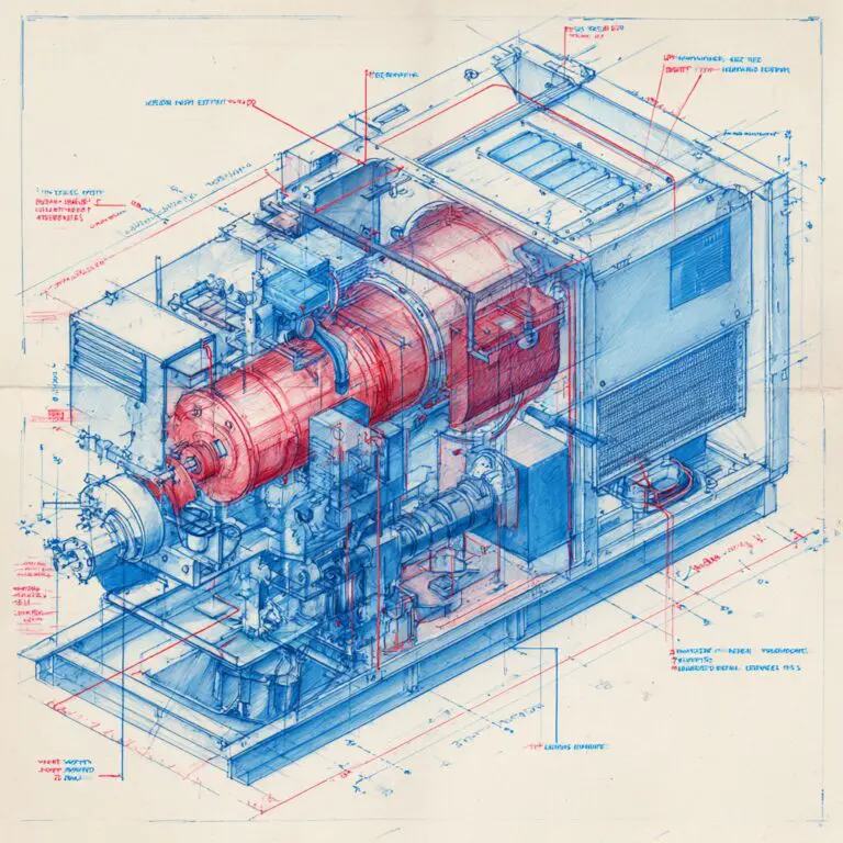 Exploded technical drawing of a commercial make-up air unit showing internal components like fans, burners, and airflow pathways in precise blueprint-style vector format.