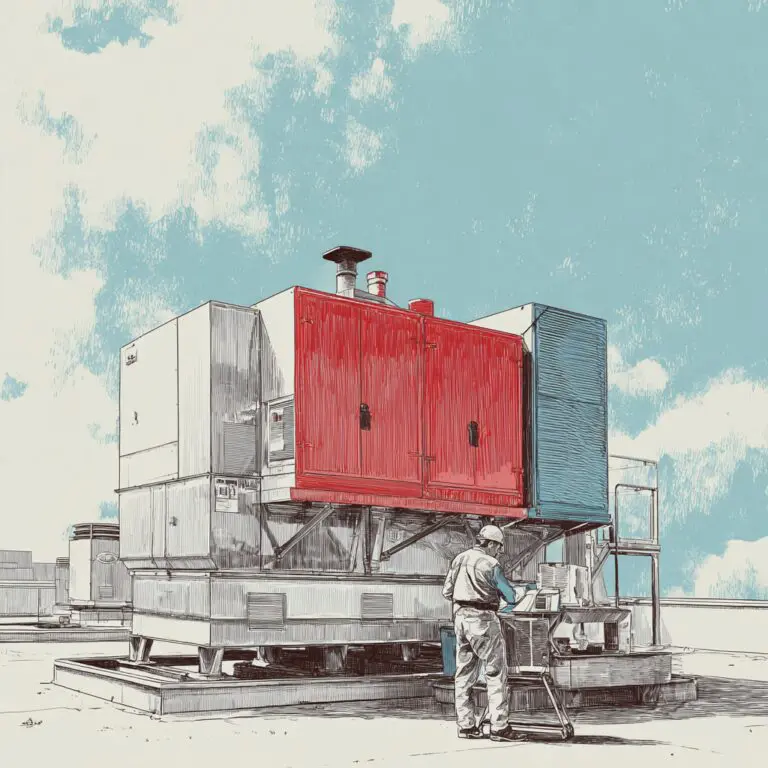 Technician performing rooftop inspection of a commercial make-up air unit with ductwork and testing equipment, in a hand-drawn vector style under a clear sky.