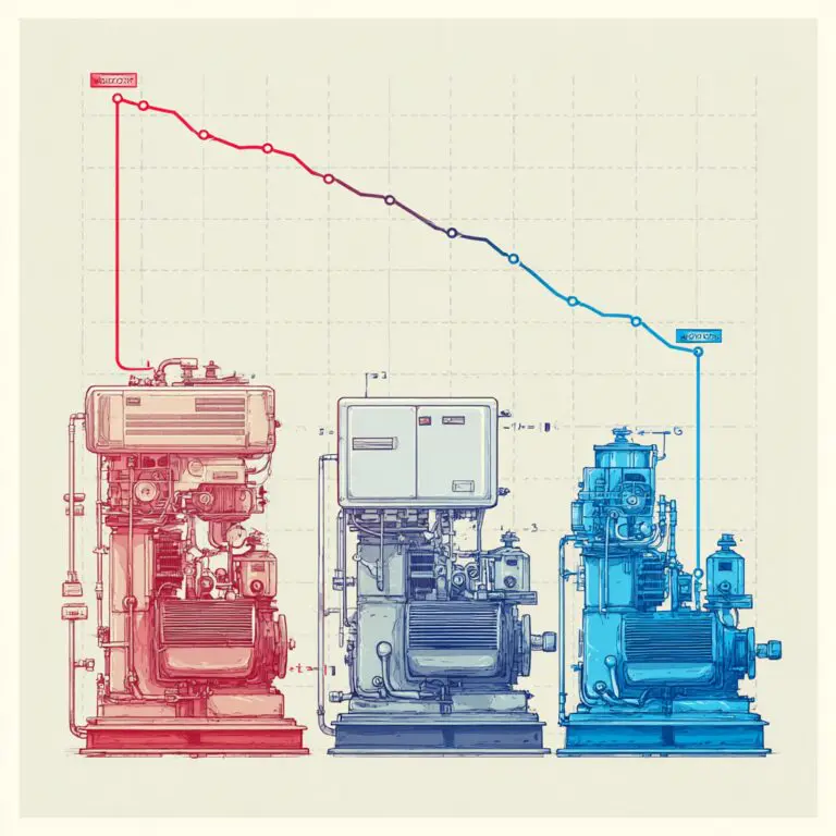 Illustration showing aging, mid-life, and modern commercial HVAC systems with a declining efficiency curve over time