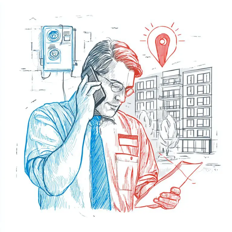 Facilities manager reviewing a commercial HVAC issue on a phone while standing outside a multi-storey building with rooftop HVAC equipment