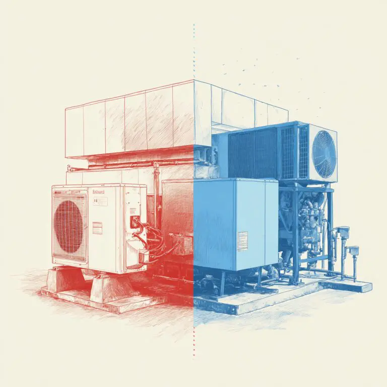 Split illustration comparing older and modern commercial HVAC equipment highlighting differences in energy use