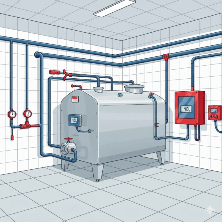 Illustrated bulk milk cooling tank in a dairy farm milk house with digital temperature control and refrigeration piping system