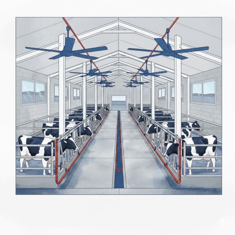 Illustrated dairy barn with cows in freestalls and overhead ventilation fans for barn cooling and air circulation