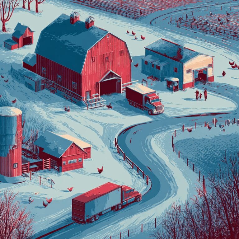 Illustrated winter farm scene with red barns, poultry roaming outdoors, and transport trucks moving products along a winding road toward cold storage facilities
