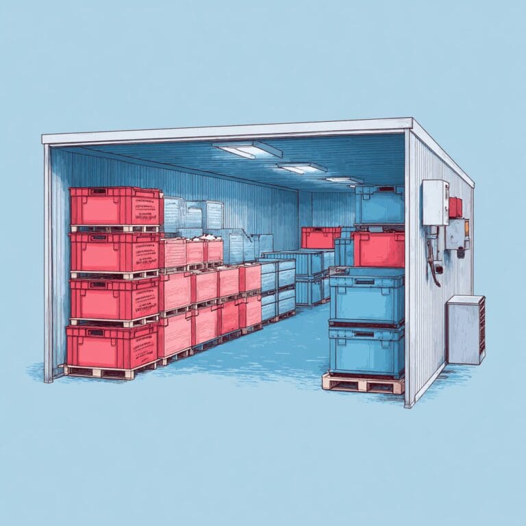 Detailed illustration of a walk-in cold storage room with stacked red and blue insulated crates on pallets, showing organized poultry product storage under controlled refrigeration conditions