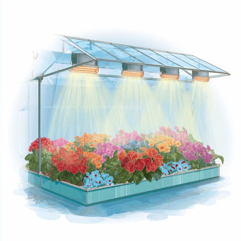 Vector illustration of a greenhouse bed with blooming flowers under automated venting and radiant heating, with light mist in the air for humidity control